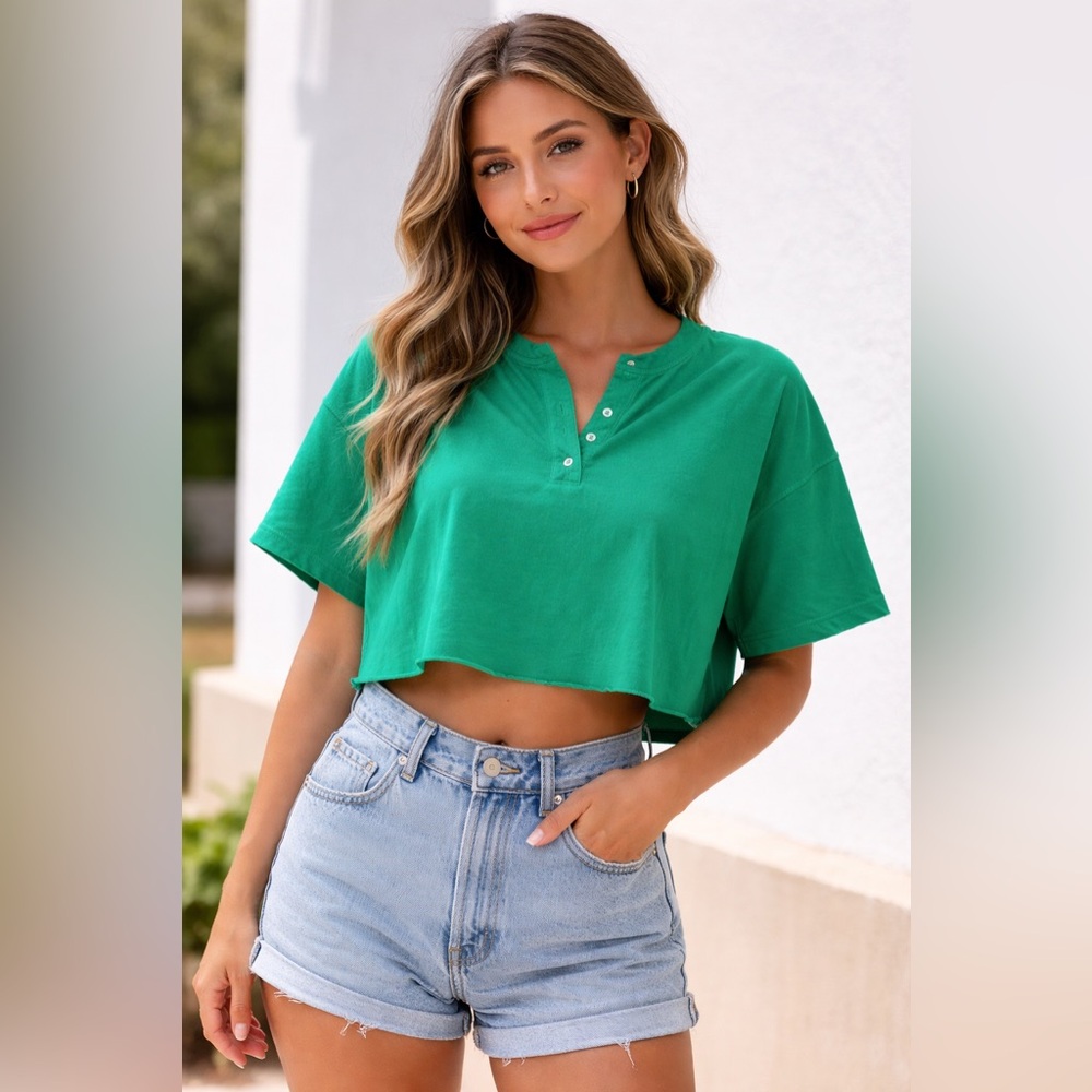 Vintage Oscar De La Renta Expressions Green Crop Cotton Tee - L